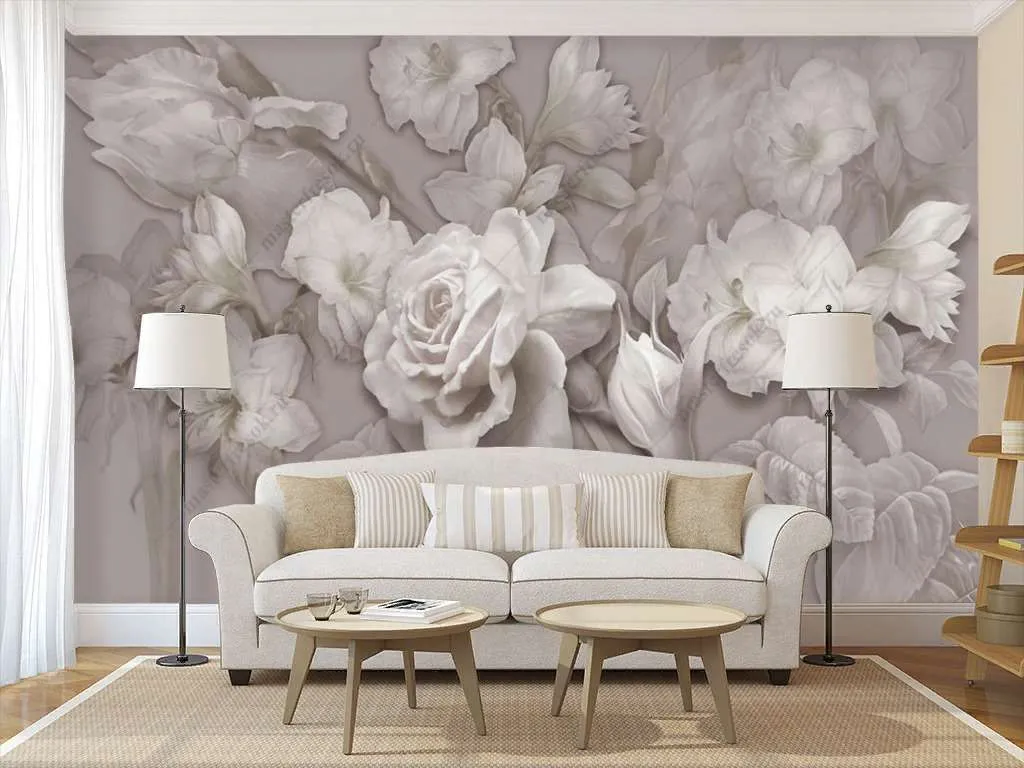 Фотообои Бесшовные обои на стену:  3д цветы на бежевом фоне. Артикул: 13-349  