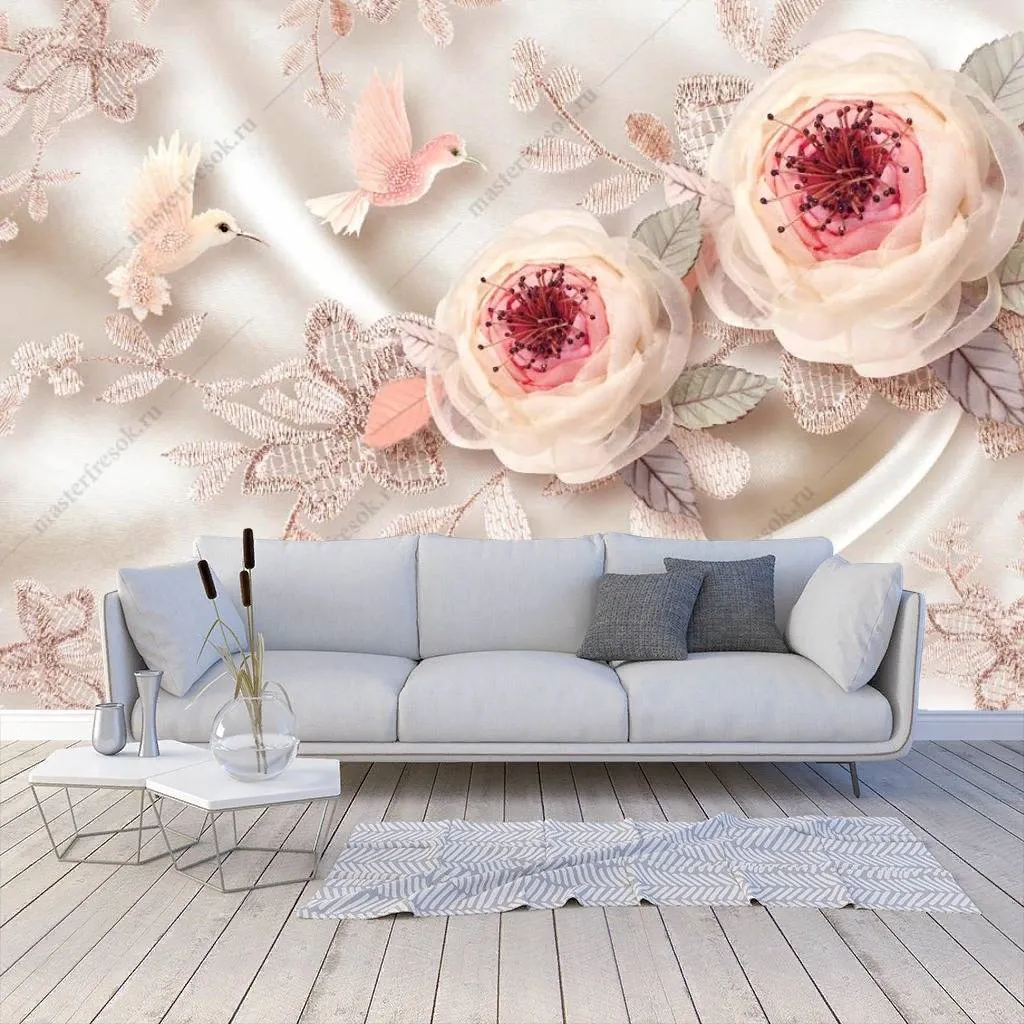 Фотообои в интерьере 3d розы и птицы  10-847 фото