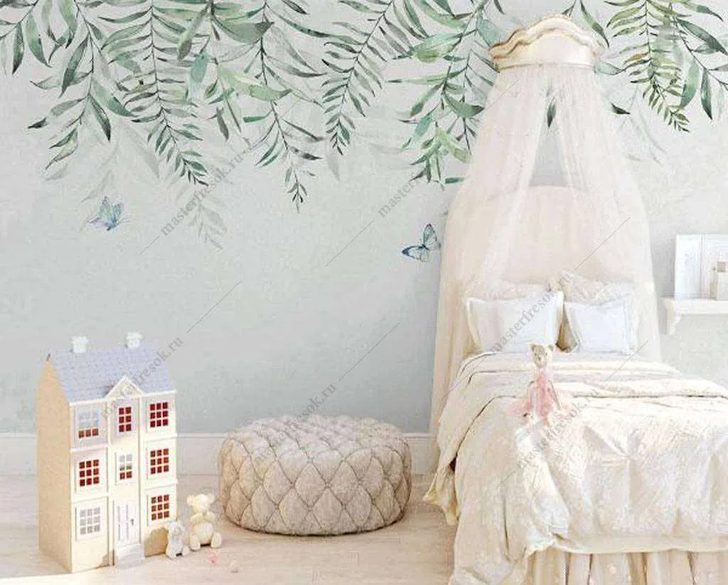 Фотообои в интерьере бабочки в листьях  16-182 фото