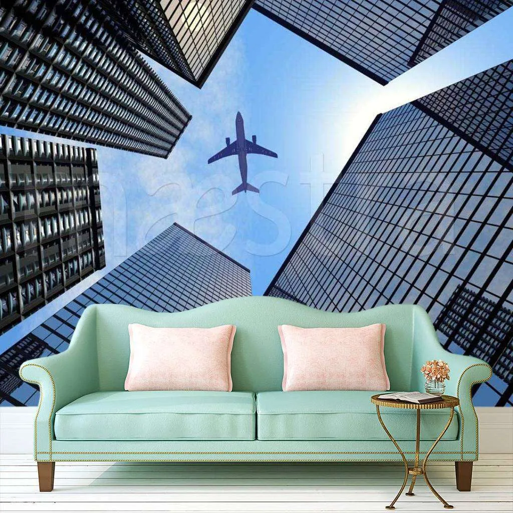 Фотообои Самолет в синем небе и мегаполис  9-368