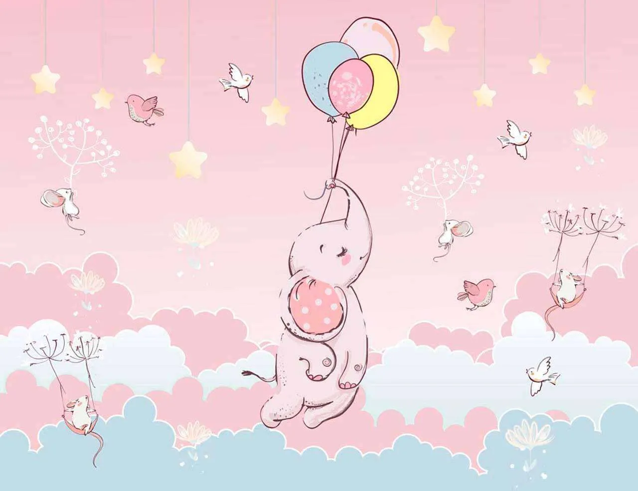 Фотообои в интерьере слон парит в облаках на розовом фоне  12-410 фото