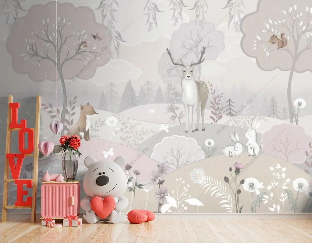 Фотообои в интерьере животные лесные на полянке  13-622 фото