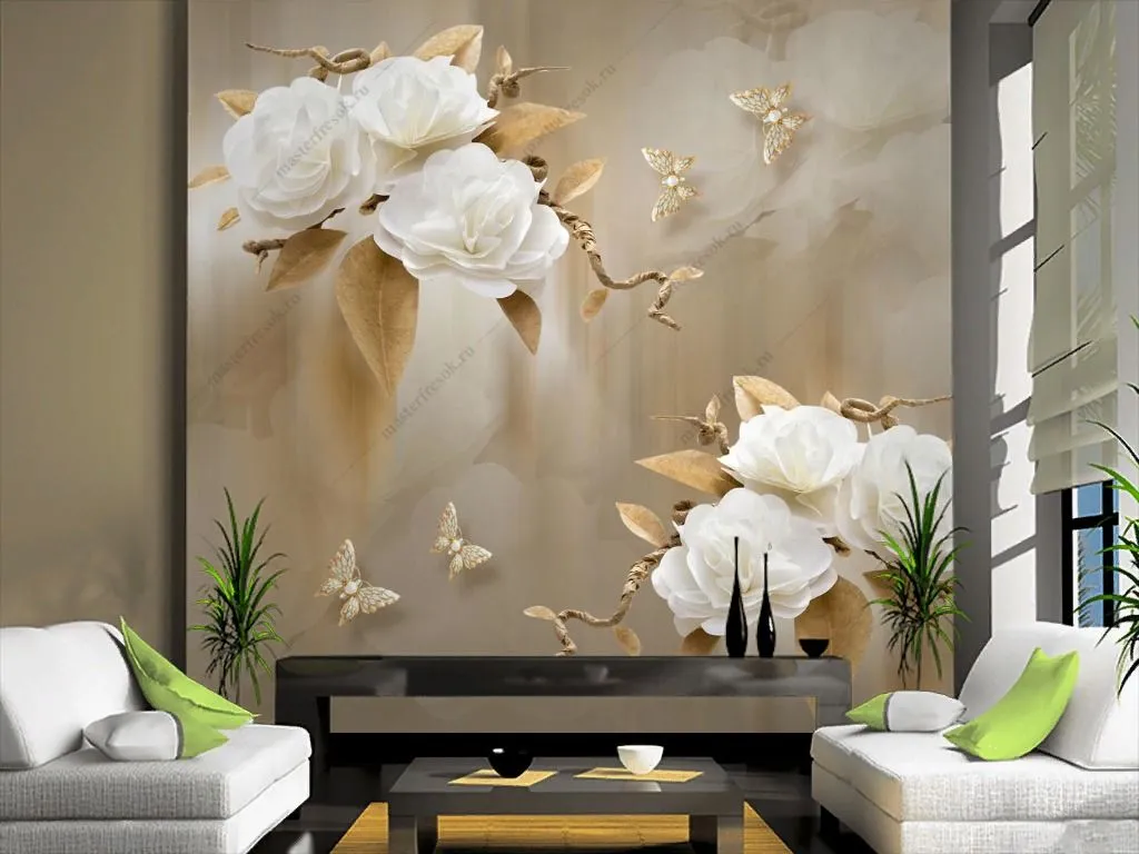 Фотообои в интерьере 3д цветы на бежевом фоне  10-912 фото