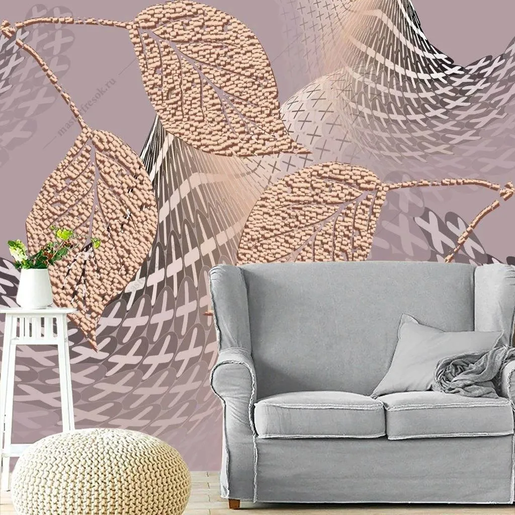 Фотообои в интерьере 3д золотые листья  10-834 фото