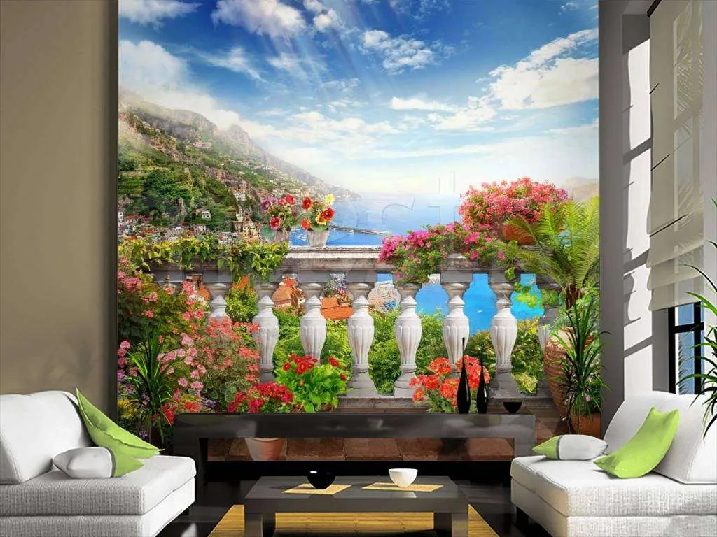 Фотообои в интерьере вид на набережную. и горы в солнечный день  11-114 фото