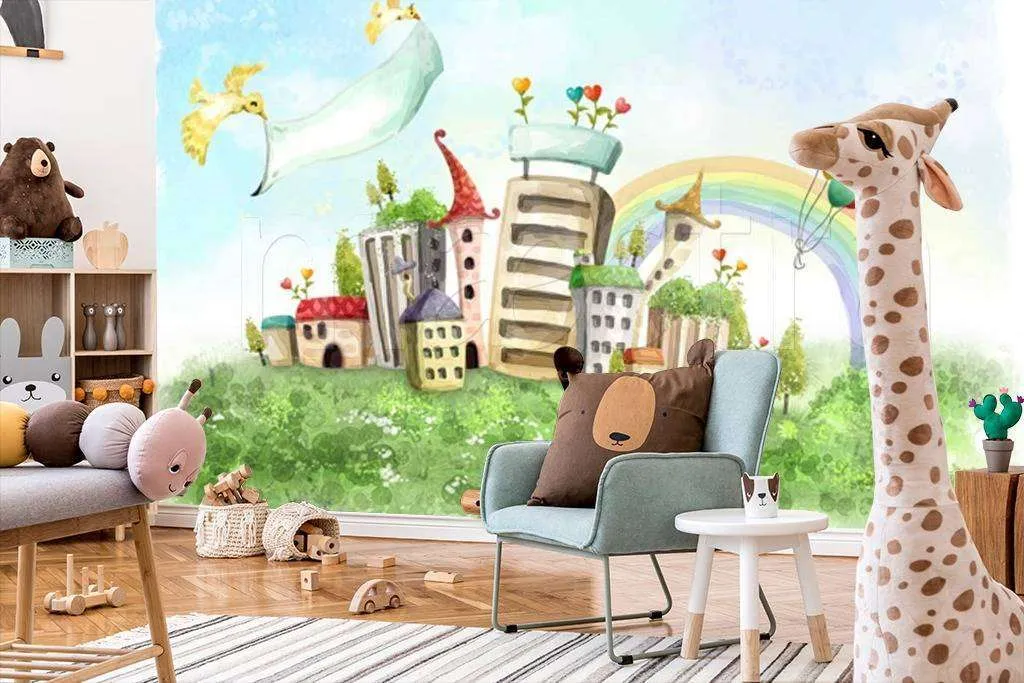 Фотообои в интерьере радуга и воздушные над городом  12-298 фото