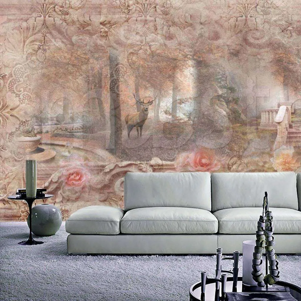 Фотообои в интерьере утренний лес сад в розовых тонах  7-322 фото