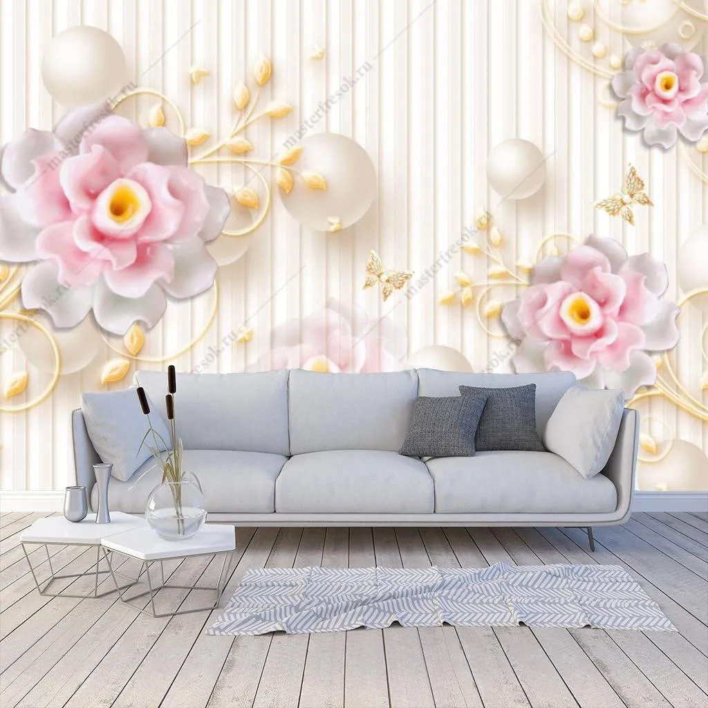 Фотообои в интерьере 3д цветы на полосках  10-669 фото