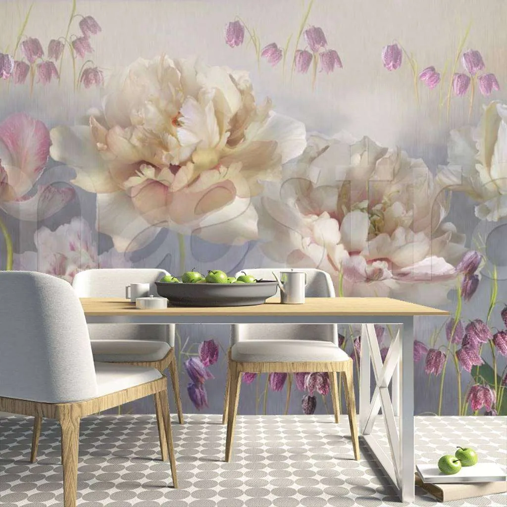 Фотообои в интерьере стереоскопические цветы на сером фоне  7-508 фото