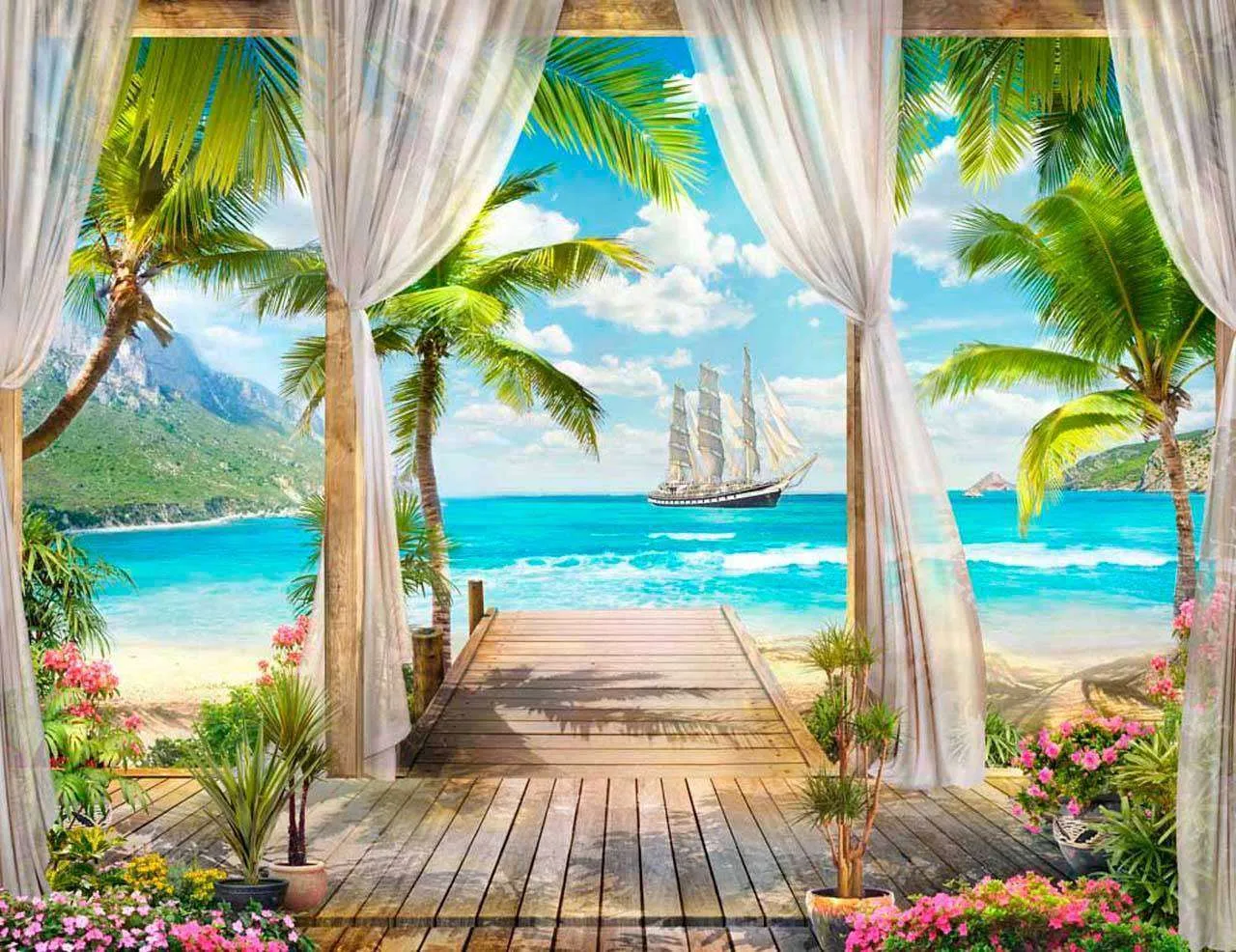 Фотообои в интерьере вид на море с кораблем и шторками  11-113 фото