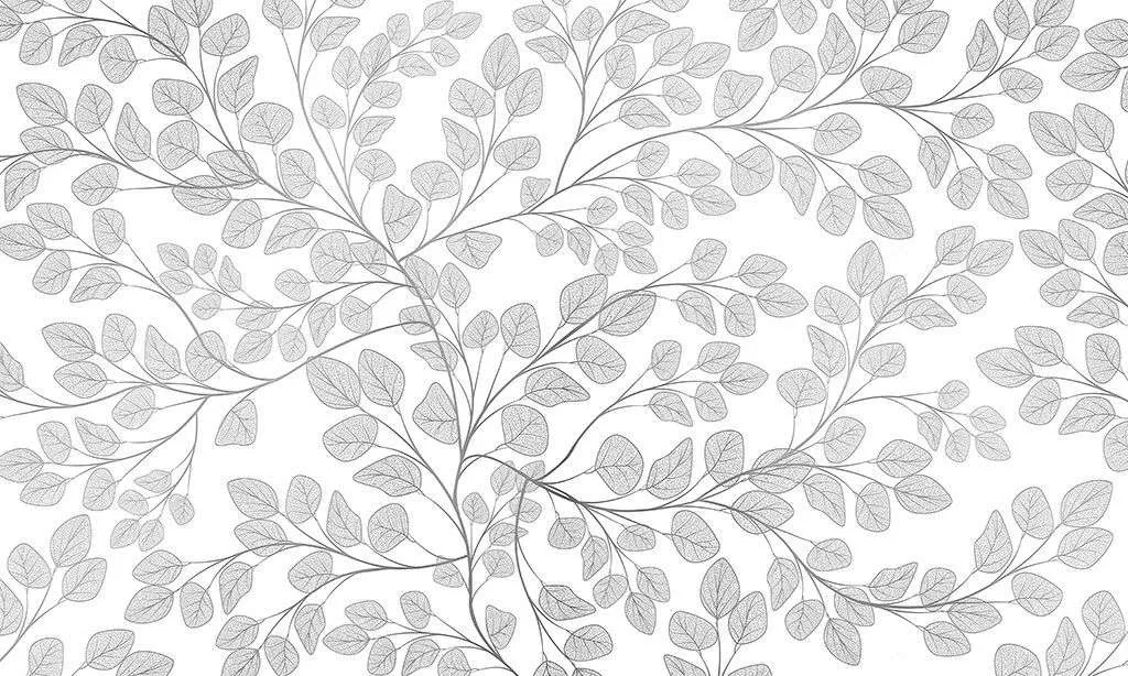 Фотообои в интерьере в спальню листочки серые на белом фоне  9-1982 фото