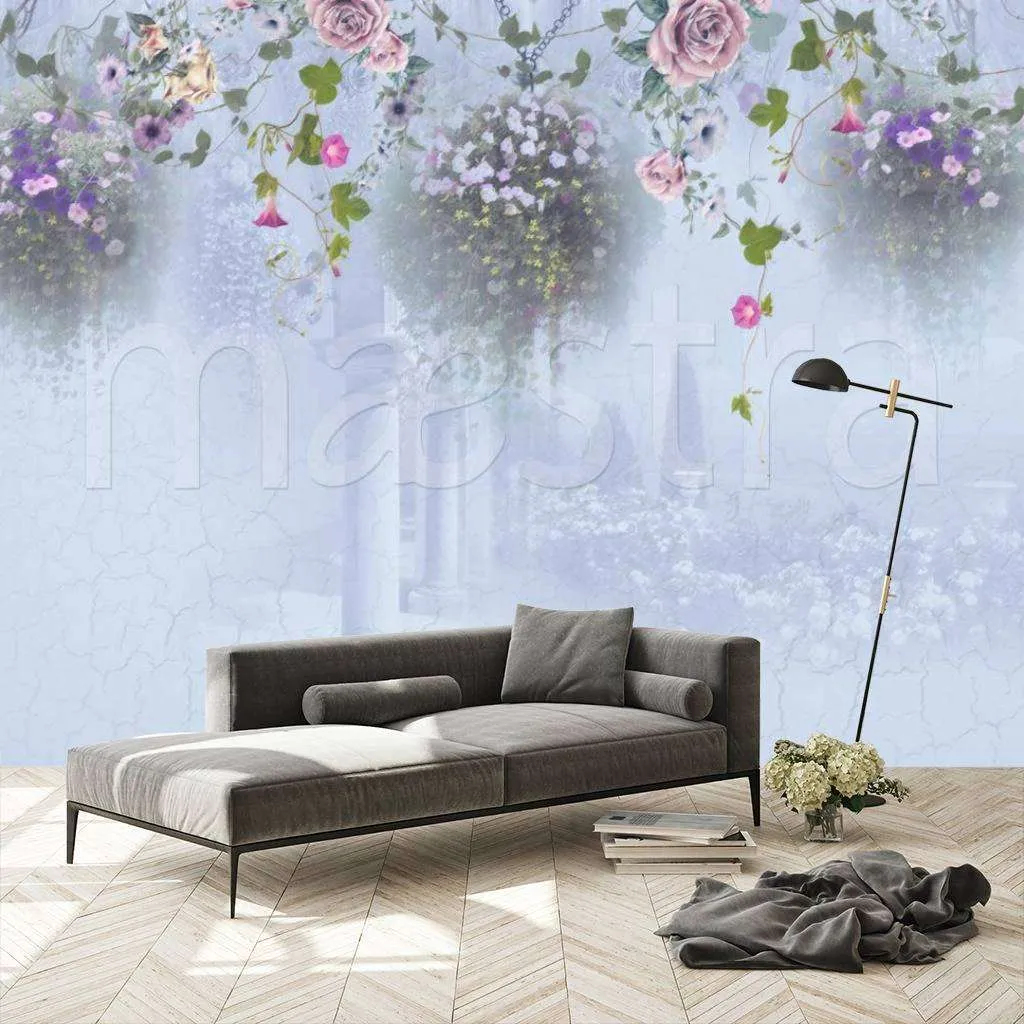 Фотообои в интерьере колонны в саду с цветами  7-557 фото