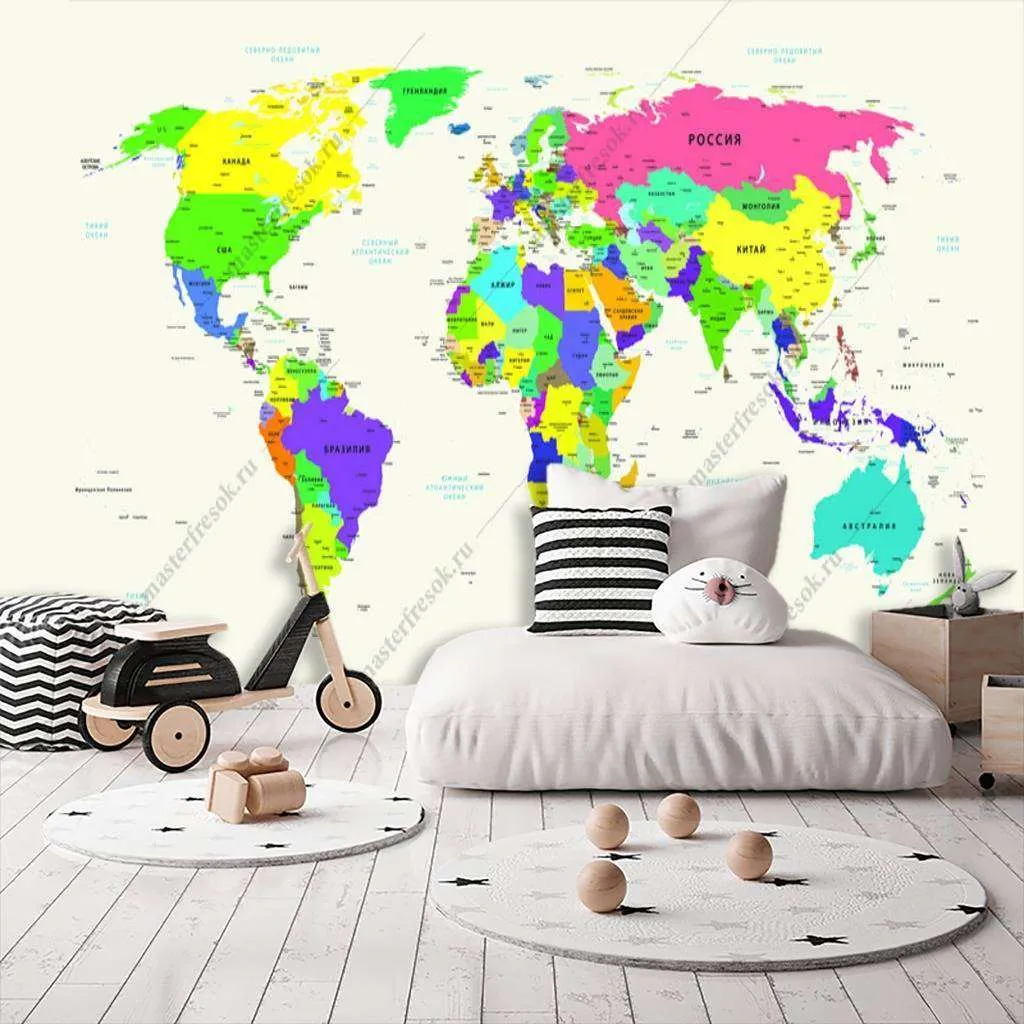 Фотообои в интерьере карта мира разноцветная  12-989 фото