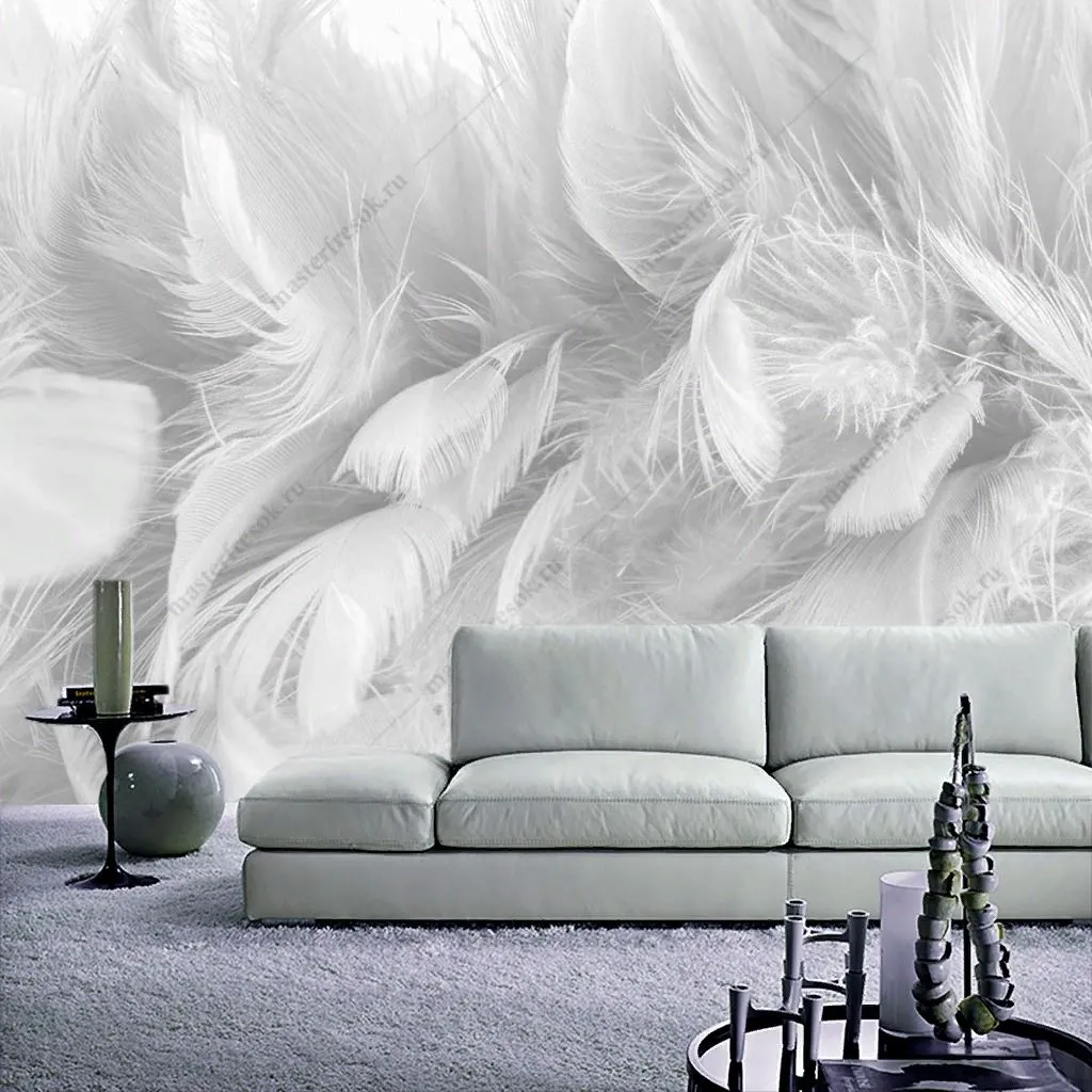 Фотообои в интерьере 3д белые перья  10-896 фото