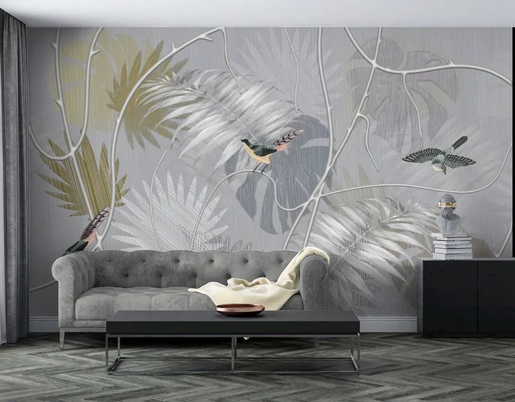 Фотообои в интерьере птицы в листьях  13-743 фото