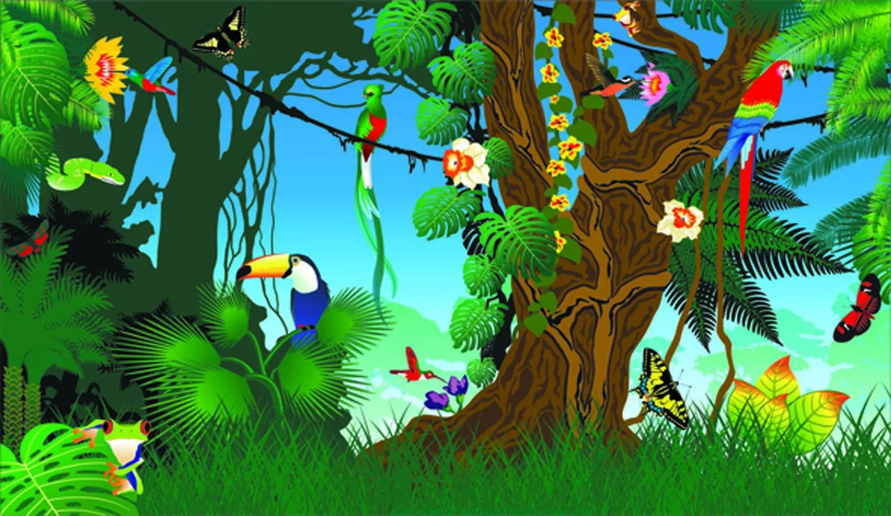 Фотообои в интерьере сказочный лес с попугаями  12-103 фото