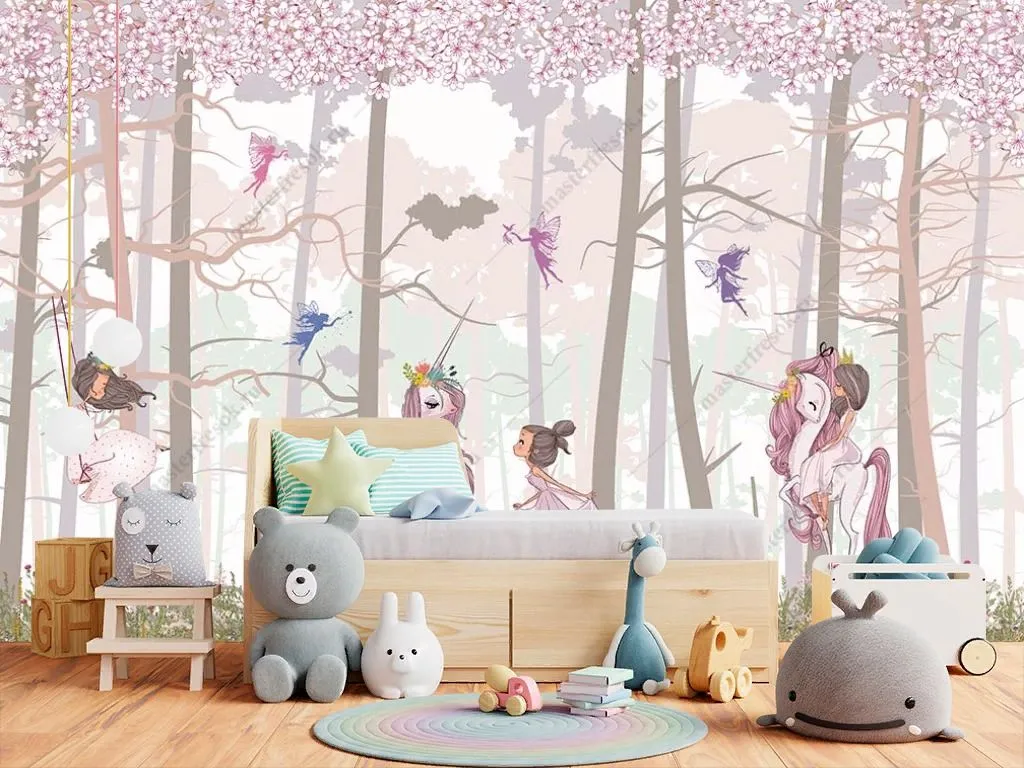 Фотообои в интерьере принцесса и единорог в лесу  14-313 фото