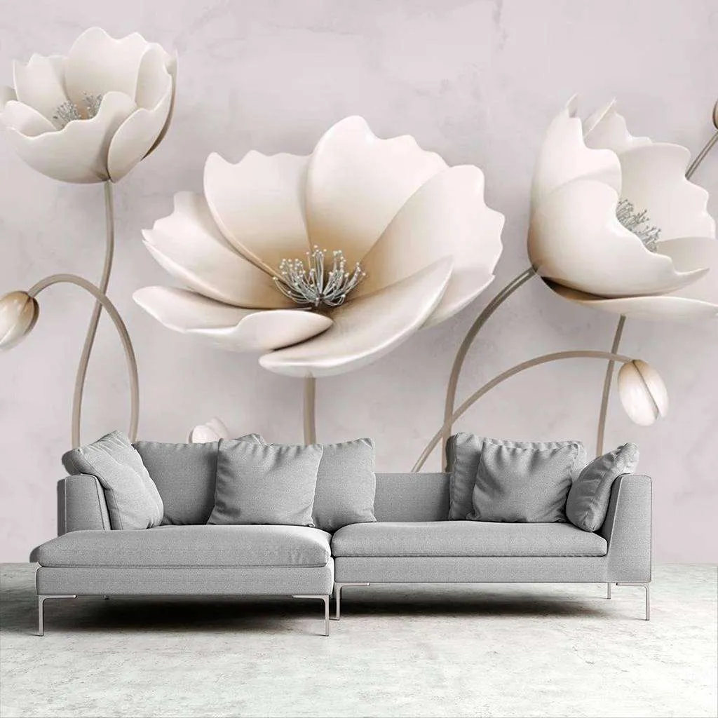 Фотообои в интерьере 3д серые цветы  15-482 фото