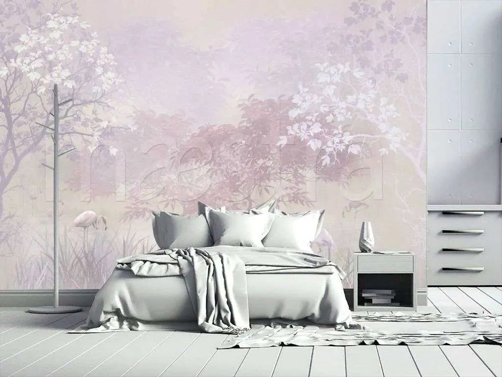 Фотообои в интерьере розовый лес и фламинго  7-677 фото