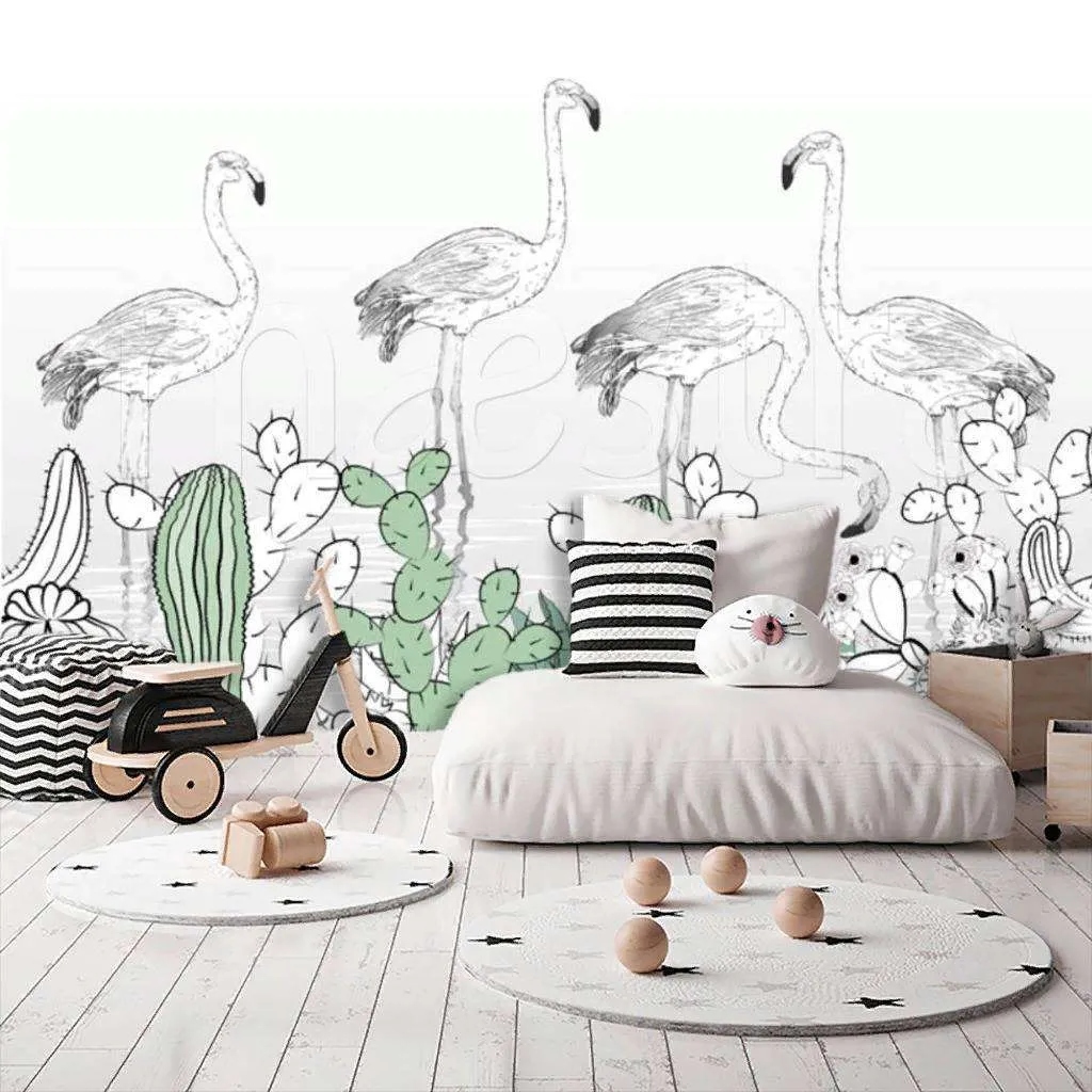 Фотообои в интерьере фламинго в кактусах  15-132 фото