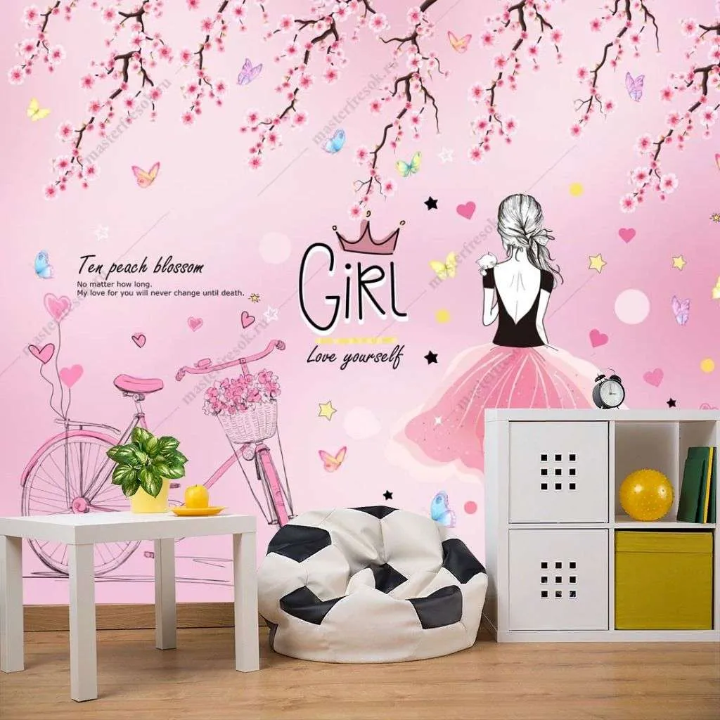 Фотообои в интерьере девочка с велосипедом на розовом фоне  14-273 фото