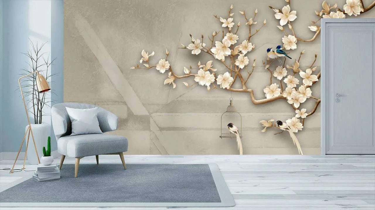 Фотообои в интерьере птички на ветке  10-610 фото