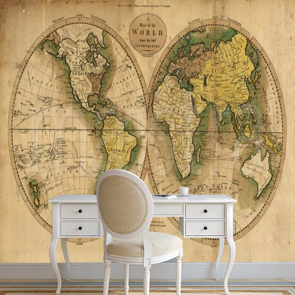 Фотообои в интерьере старинная политическая карта мира в бежевых тонах  1-094 фото