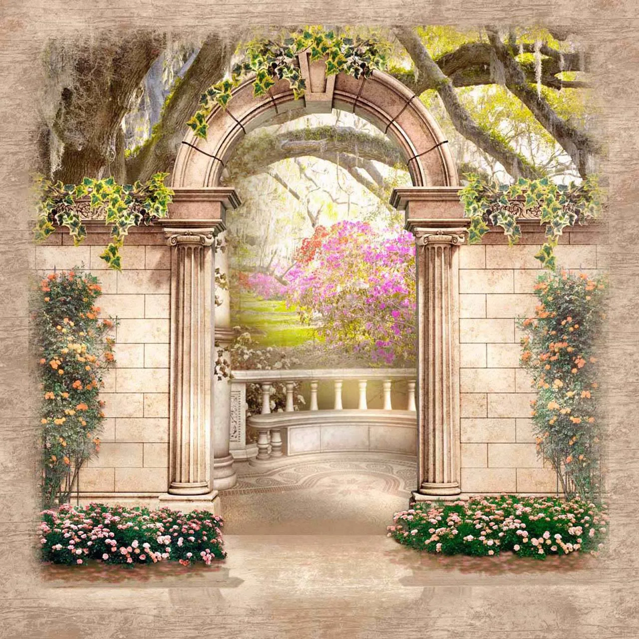 Фотообои в интерьере арка в цветущем саду  5-114 фото