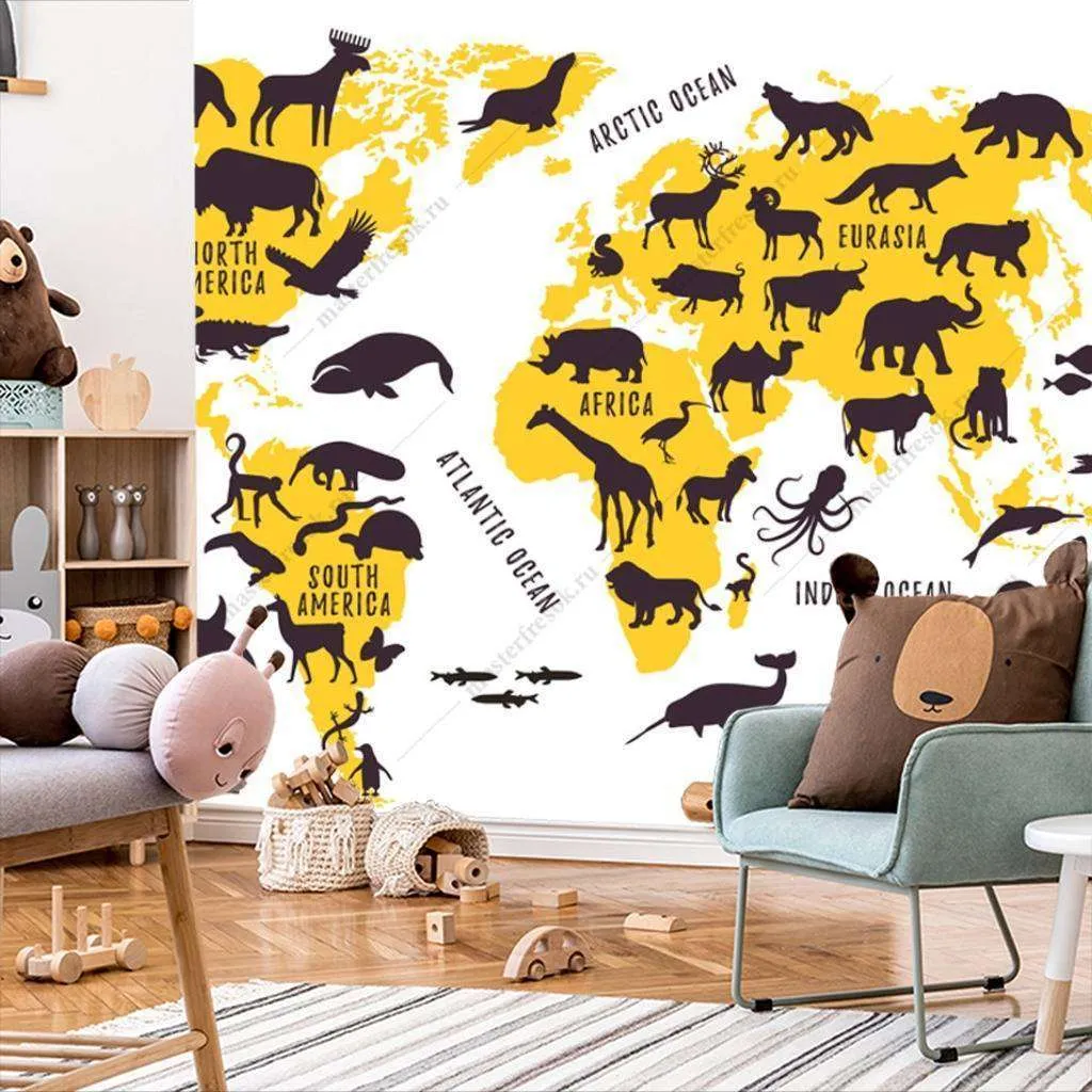 Фотообои Бесшовные обои на стену:  Карта с животными. Артикул: 12-1013  
