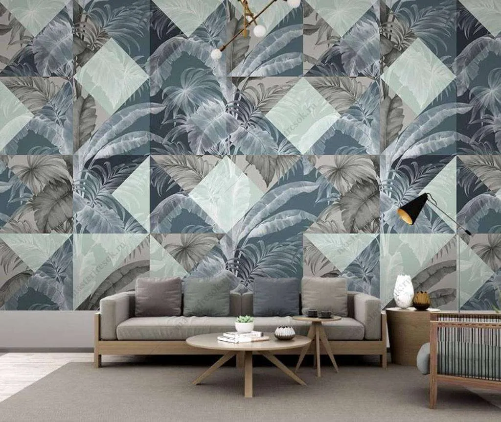 Фотообои в интерьере геометрия в листьях  15-976 фото