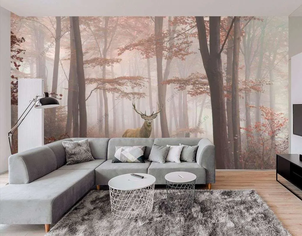 Фотообои в интерьере осенний лес с оленем  9-1529 фото