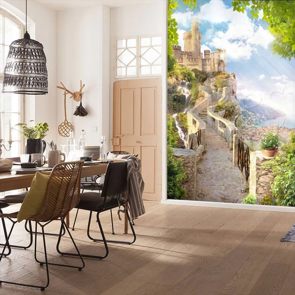 Фотообои в интерьере тропа ведущая к замку и водопаду  11-118 фото