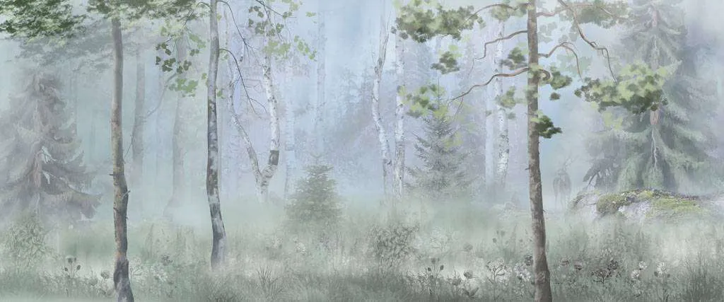 Фотообои в интерьере лес ранним утром  13-321 фото