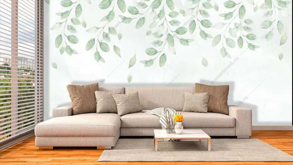 Фотообои в интерьере нежные листочки  16-174 фото