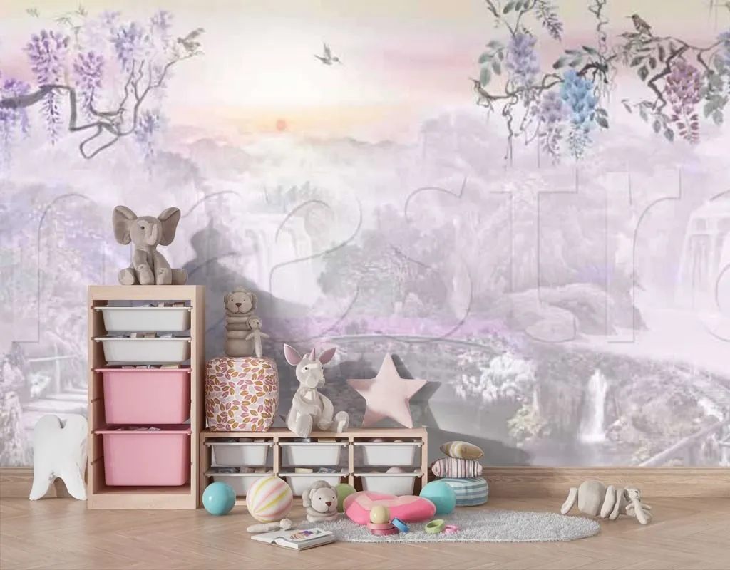 Фотообои в интерьере дерево в фиолетовом тумане  7-413 фото