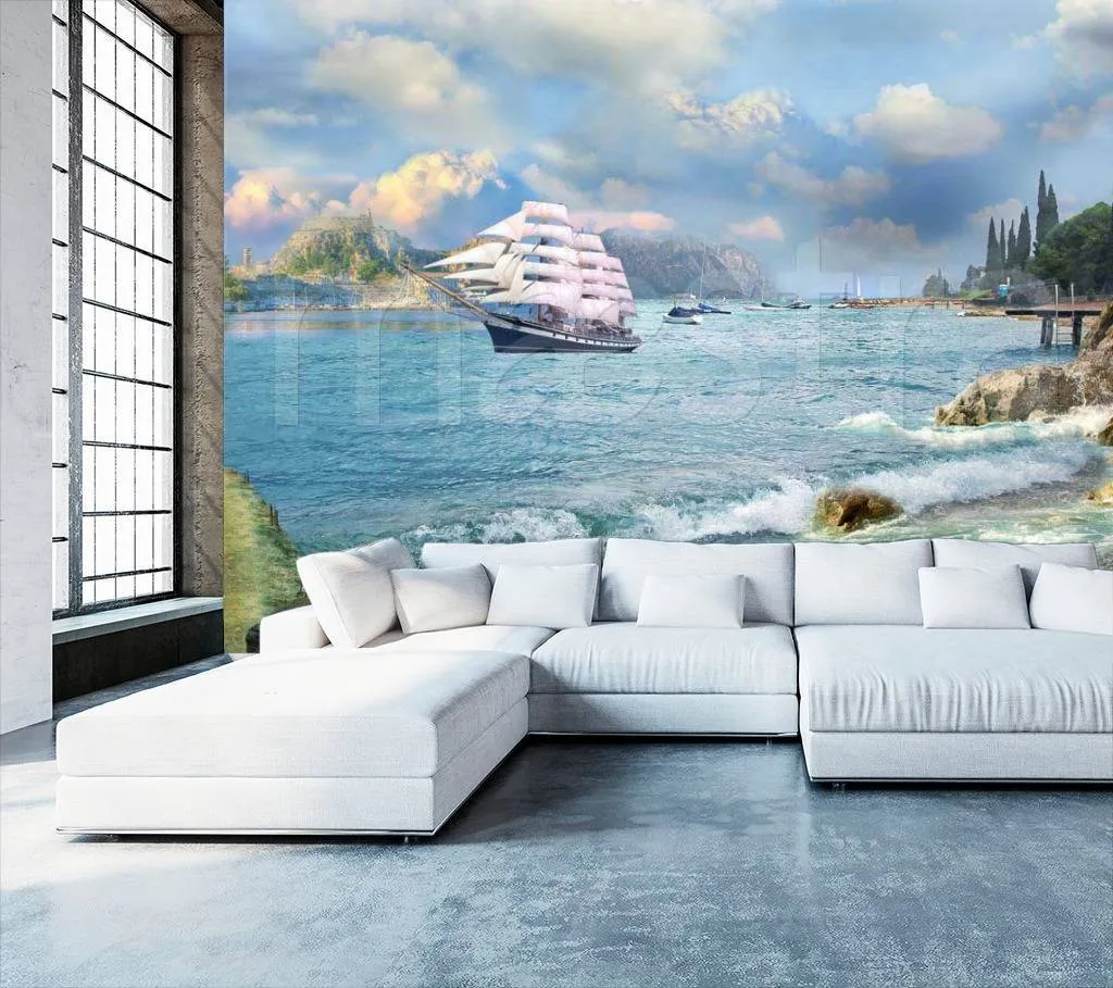 Фотообои в интерьере с видом на море и горы  7-114 фото