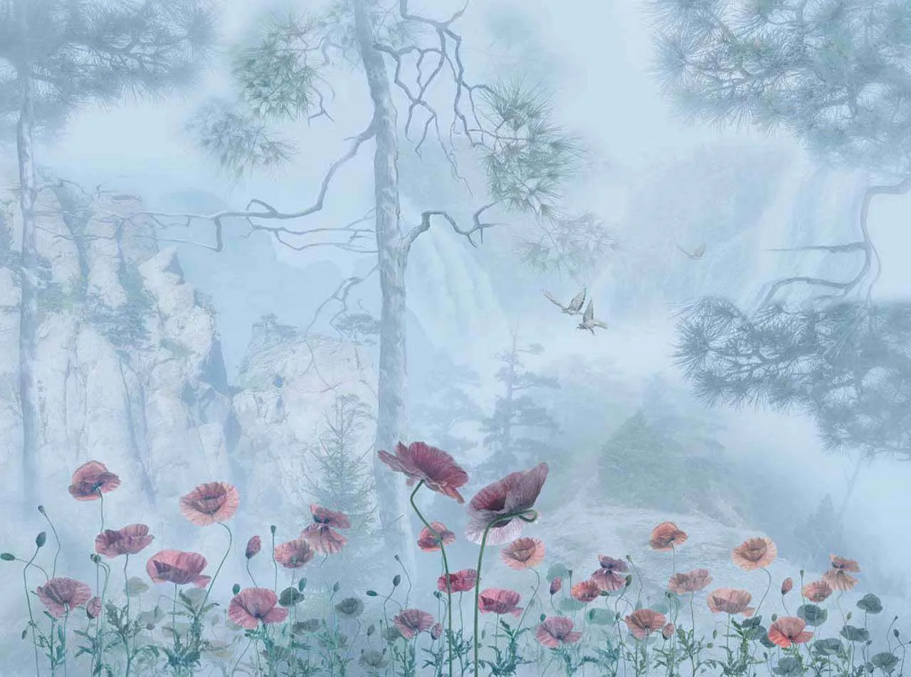 Фотообои в интерьере лес и красные цветы  13-046 фото