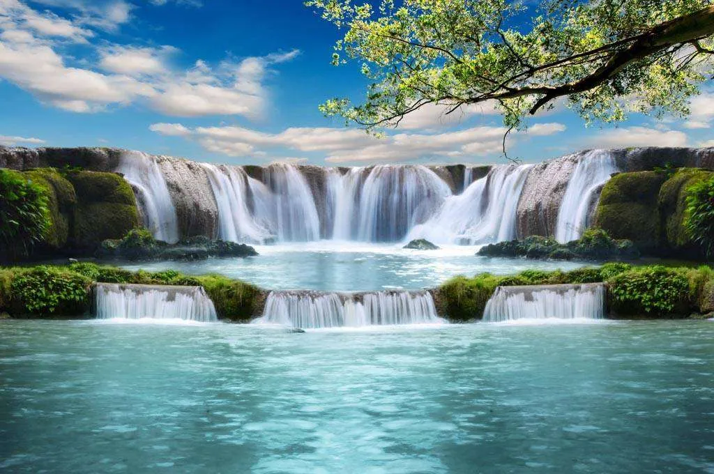 Фотообои в интерьере водопад с голубой лагуной  9-849 фото