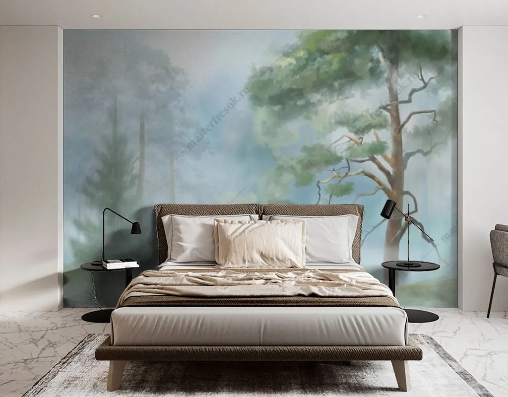 Фотообои в интерьере хвойный лес утром  13-461 фото