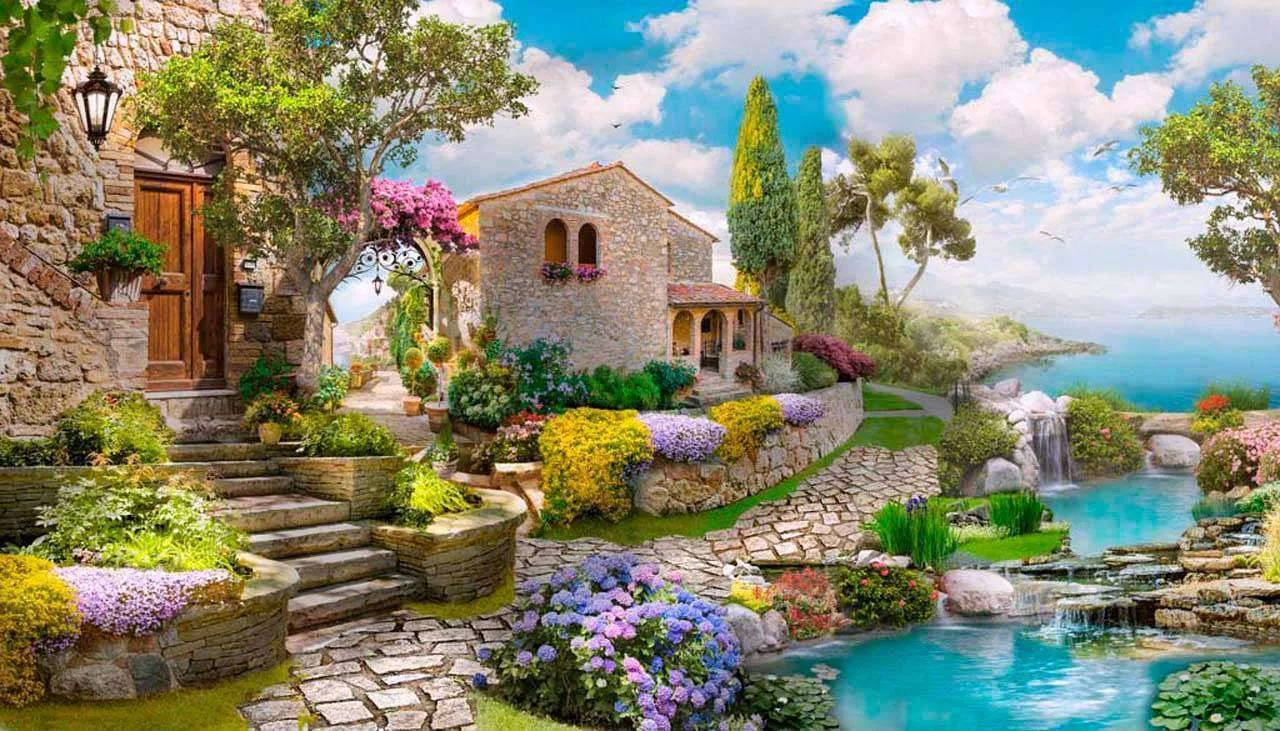 Фотообои в интерьере домик на цветущем берегу моря  7-301 фото