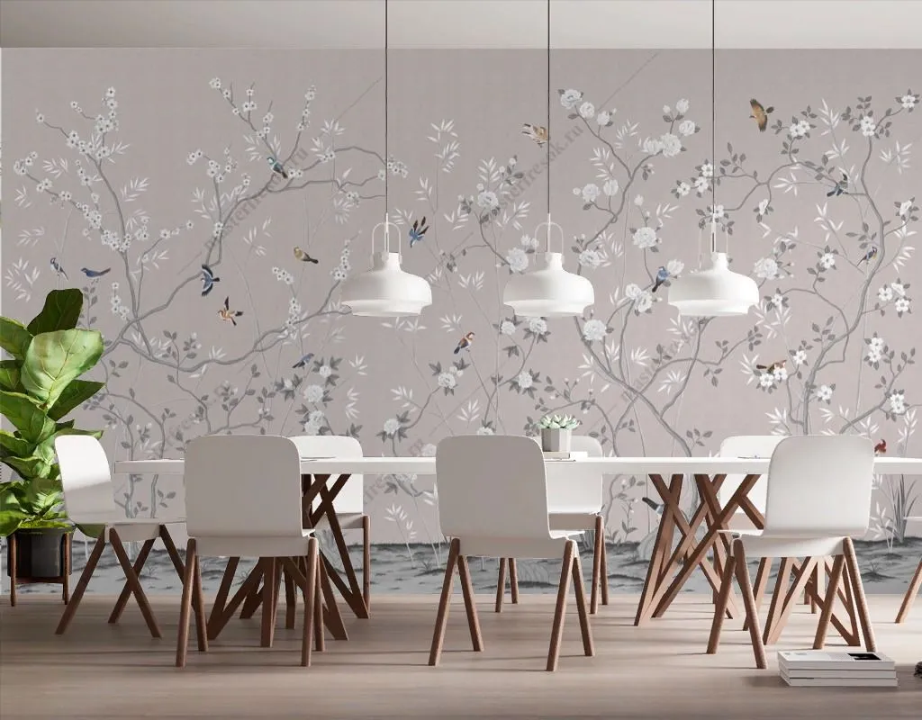 Фотообои в интерьере сакура и птички  14-575 фото