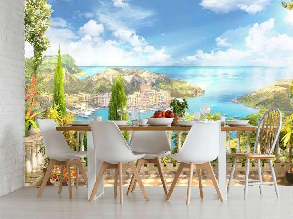 Фотообои в интерьере терраса с видом на приморский город  17-0055 фото