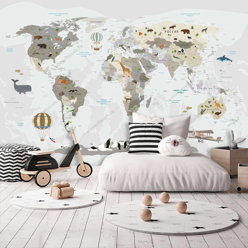 Фотообои в интерьере карта мира в детскую мальчика  12-997 фото