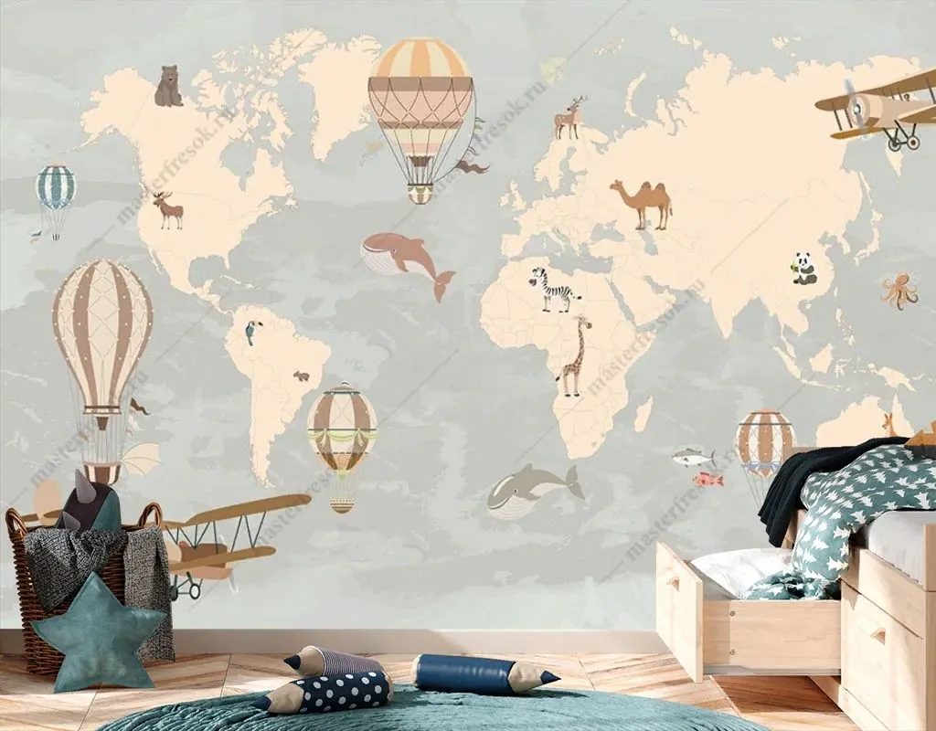 Фотообои в интерьере бежевая карта в детскую без границ  12-1524 фото