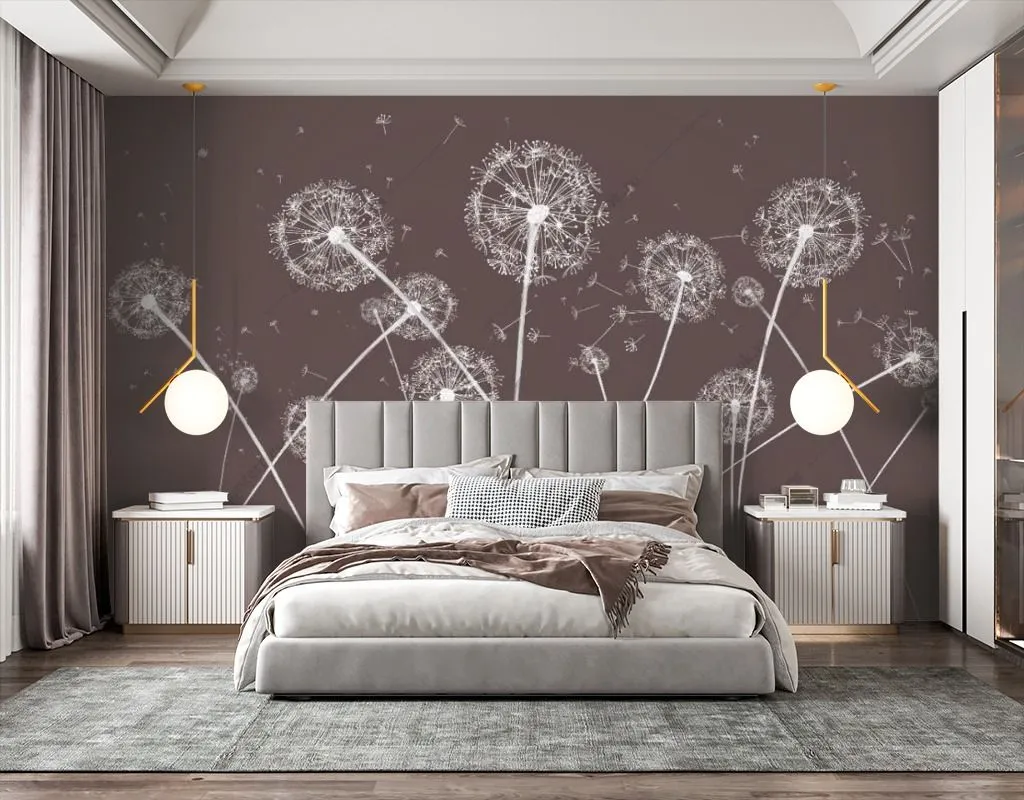 Фотообои в интерьере одуванчики на коричневом фоне  14-528 фото