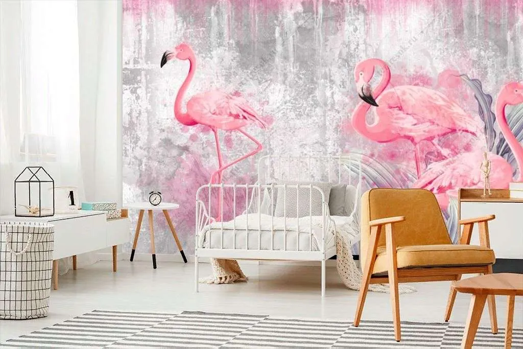 Фотообои в интерьере фламинго на сером фоне  9-1483 фото