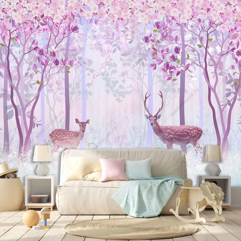 Фотообои в интерьере розовый лес с оленем  12-1484 фото