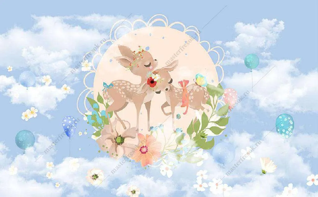 Фотообои в интерьере оленята в облаках  15-985 фото