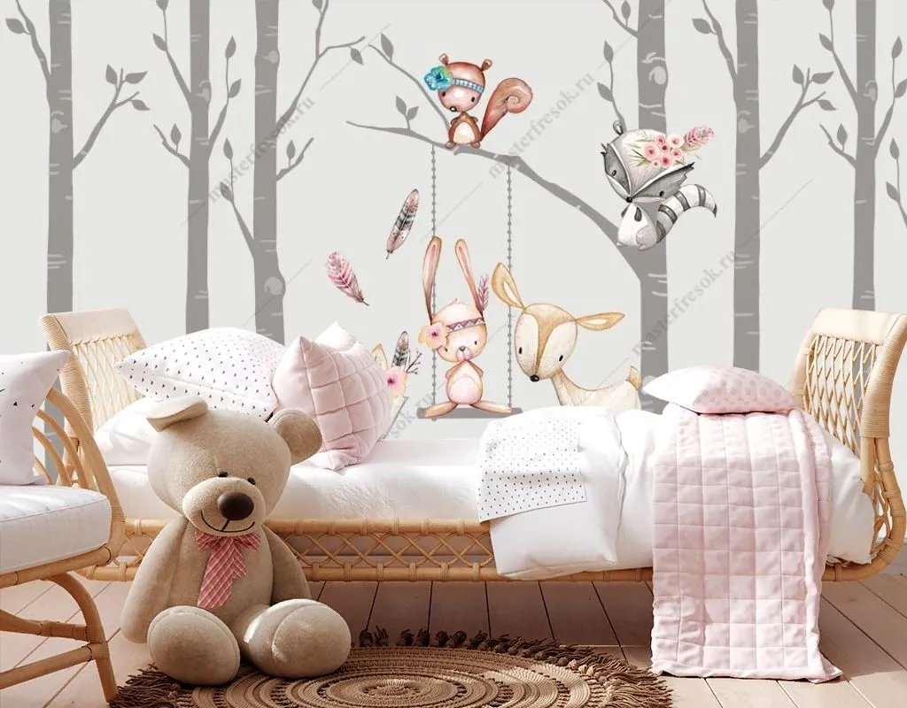 Фотообои в интерьере милые животные на качелях  14-517 фото