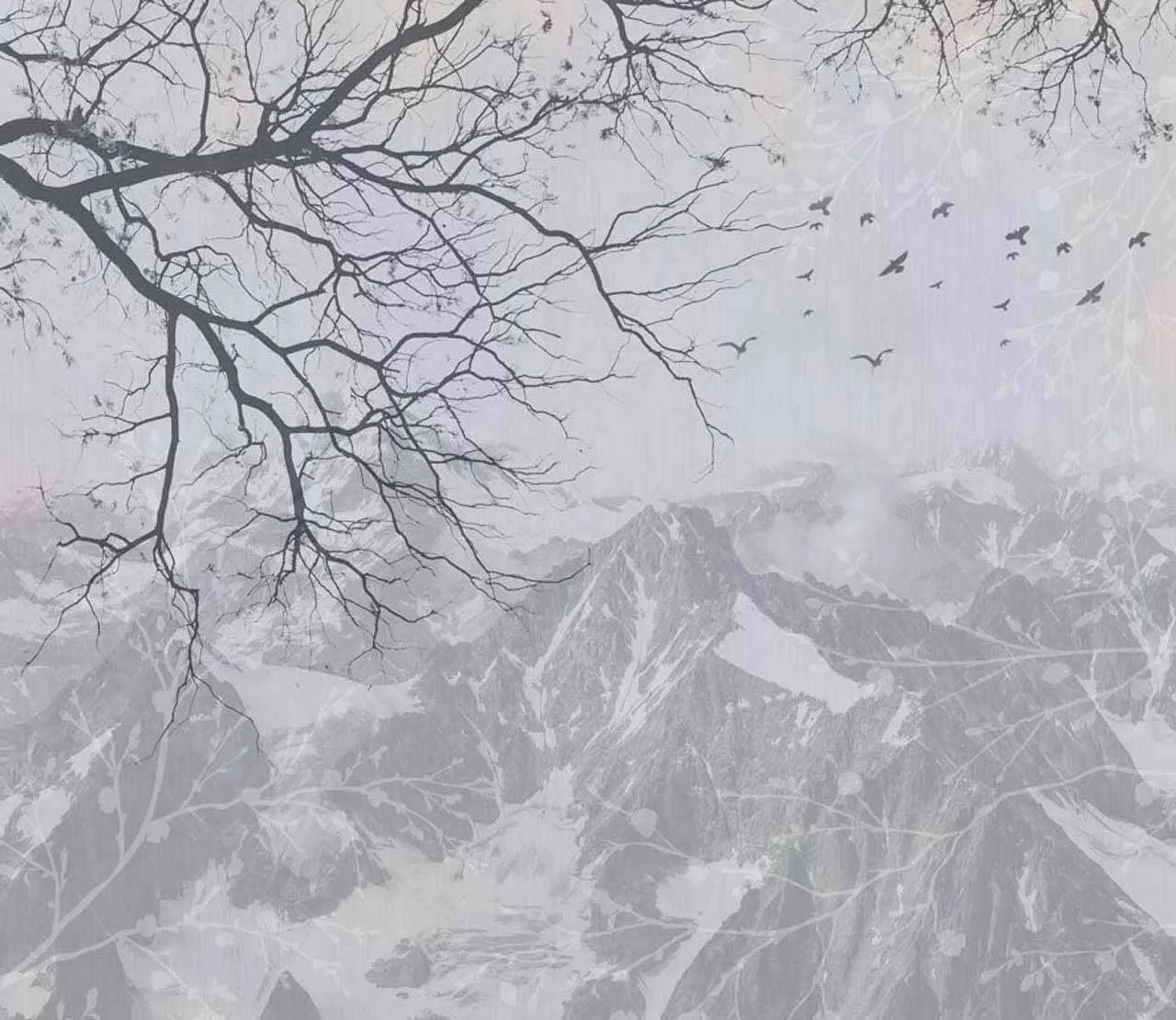 Фотообои в интерьере ветка на фоне гор серая  7-615 фото